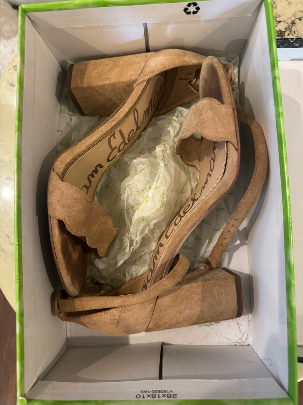 Sam Edelman Suede Scallop Strap Block Heel Sandals in Tan